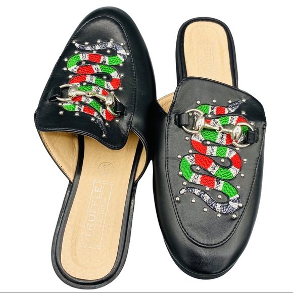 ASOS Truffle Black Embroidered Snake Stud Slip On Horse Bit Mule Slides 6 - Picture 4 of 12